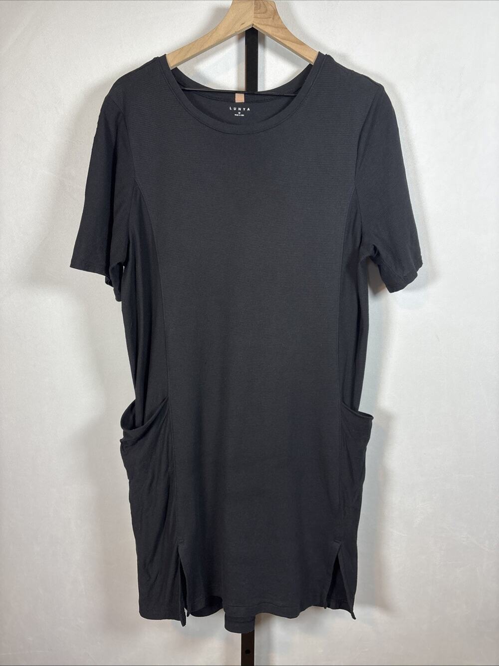 Lunya Cool Paneled Dress Women's Medium Black Cotton Pockets Lagenlook